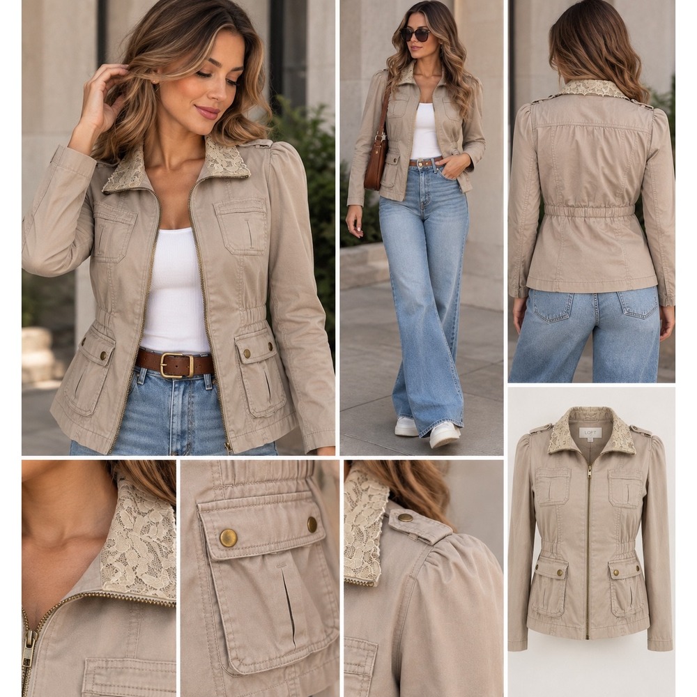 Ann Taylor LOFT Tan Lace Trim Utility Jacket Khaki Full Zip Puffy Shoulder SP